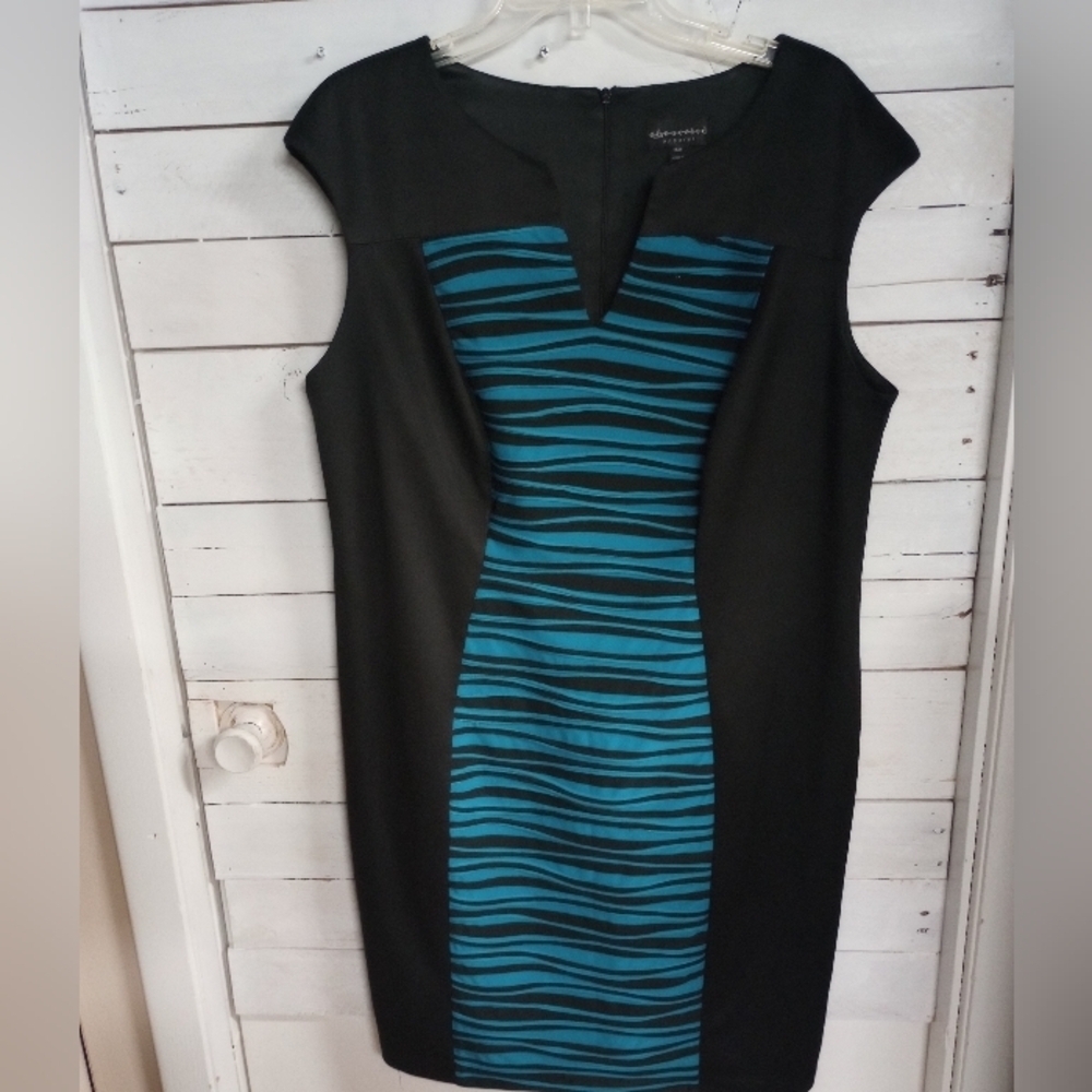 Connected Apparel Women’s Size 14W Blue & Black Sheath Dress Cap Sleeve Office
